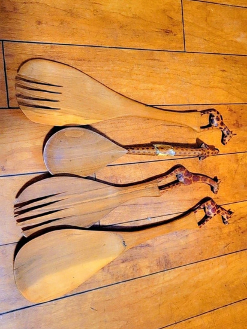 Hand Carved Wooden Giraffe Salad Servers Set